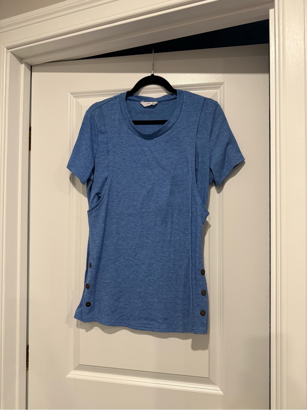 Blue Short Sleeve Crewneck Top with Side Button Detail - Women Maternity